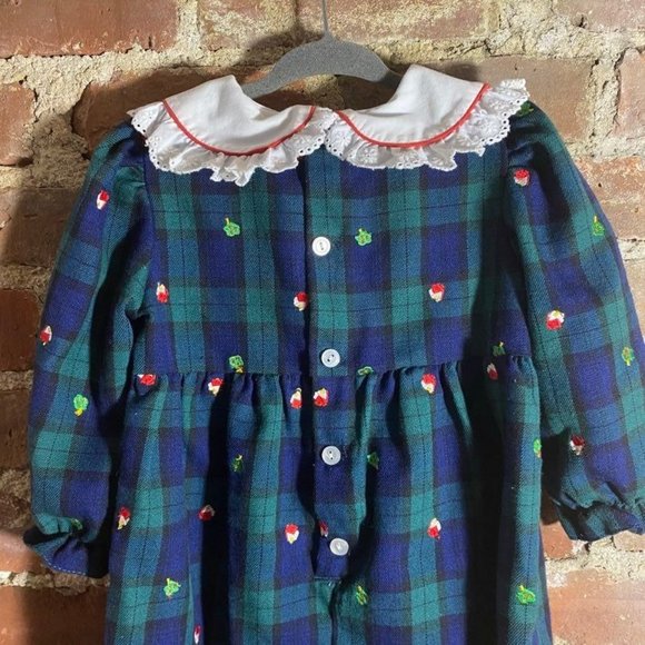Vintage Glen Plaid Romper Bubble Lace Collar Apple Embroidery 18m - Picture 5 of 12